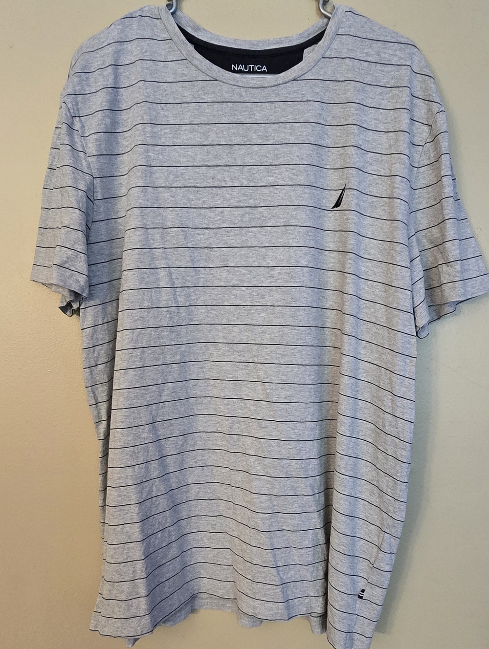Nautica Light Gray Tee with Thin Navy Stripes